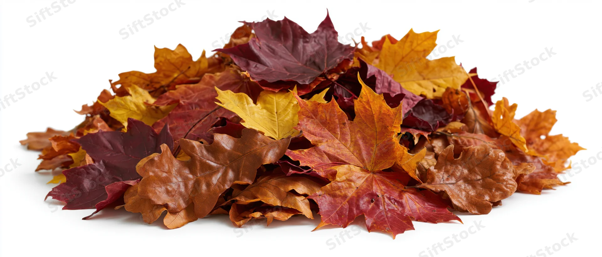 A pile of fallen autumn maple and oak leaves on a white background
