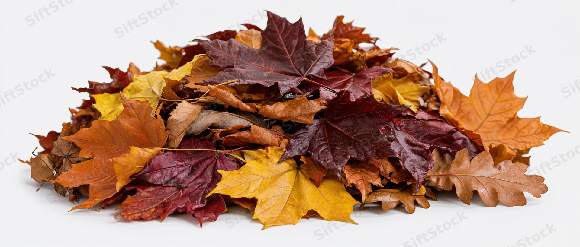 A pile of fallen autumn maple and oak leaves on a white background