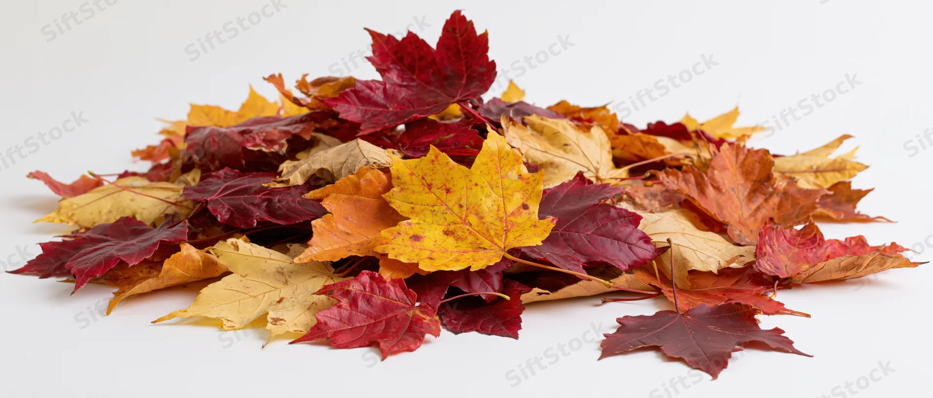 Pile of fallen autumn maple leaves spread across a white surface