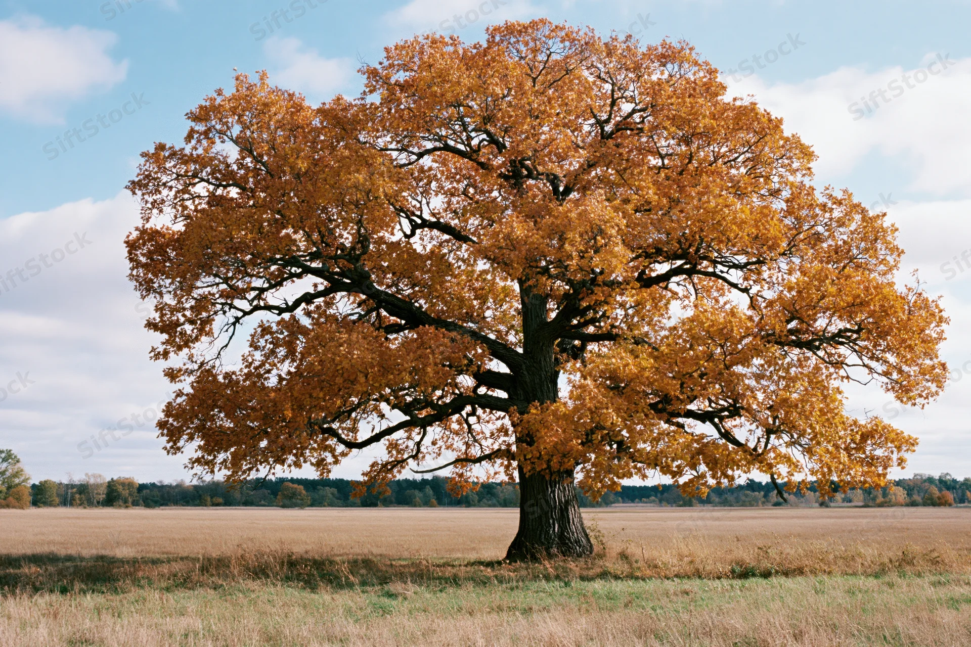 Ancient oak tree with golden autumn foliage standing alone in a wide open field under a blue sky with scattered clouds