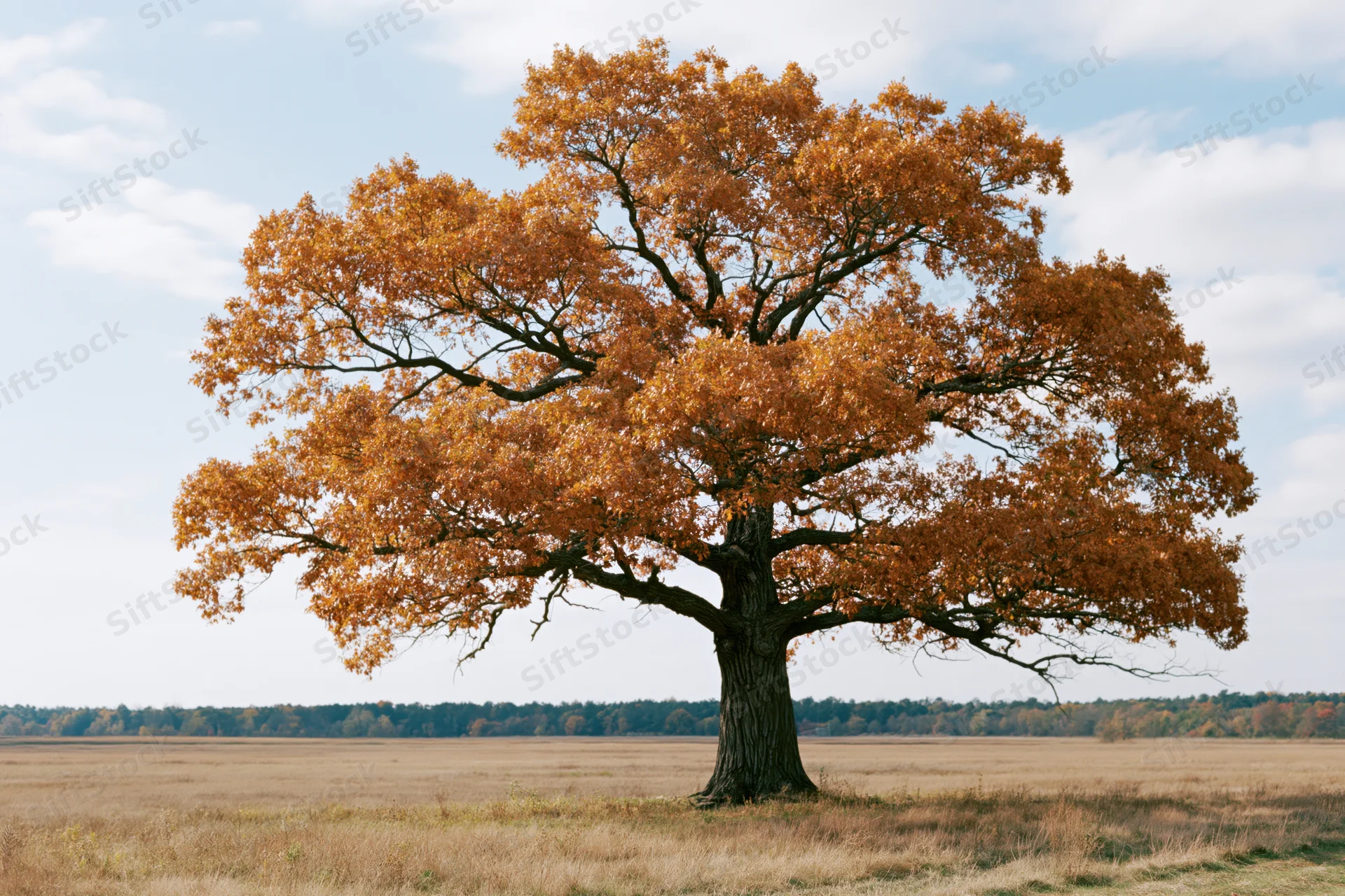 Ancient oak tree with autumn foliage standing alone in a grassy field under a cloudy sky