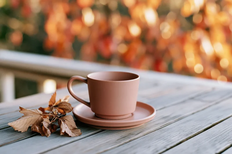 Matte ceramic coffee mug on saucer with dried leaves on weathered wooden table outdoors in autumn