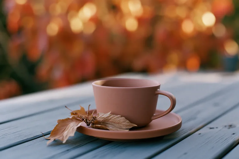 Matte ceramic coffee mug on saucer with dried leaf on weathered blue wooden table outdoors in autumn setting