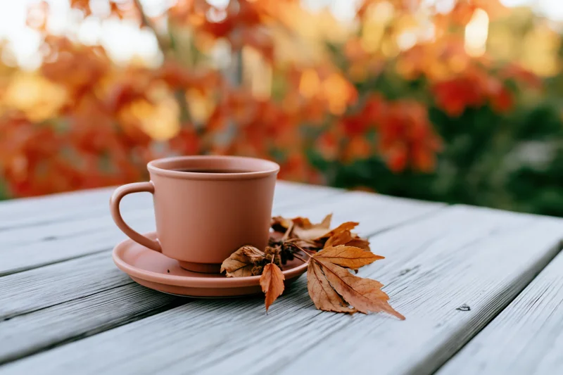 Matte ceramic coffee mug on saucer with dried maple leaves on weathered wooden table outdoors in autumn garden