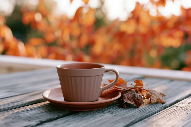 Matte ceramic coffee mug on saucer with autumn leaves on weathered wooden table outdoors