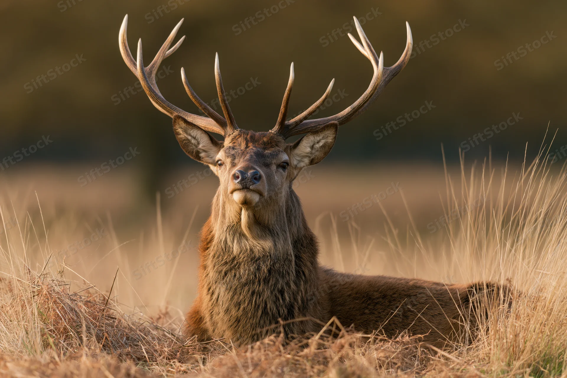 Mature red deer stag resting in tall dry grass with head raised in a field