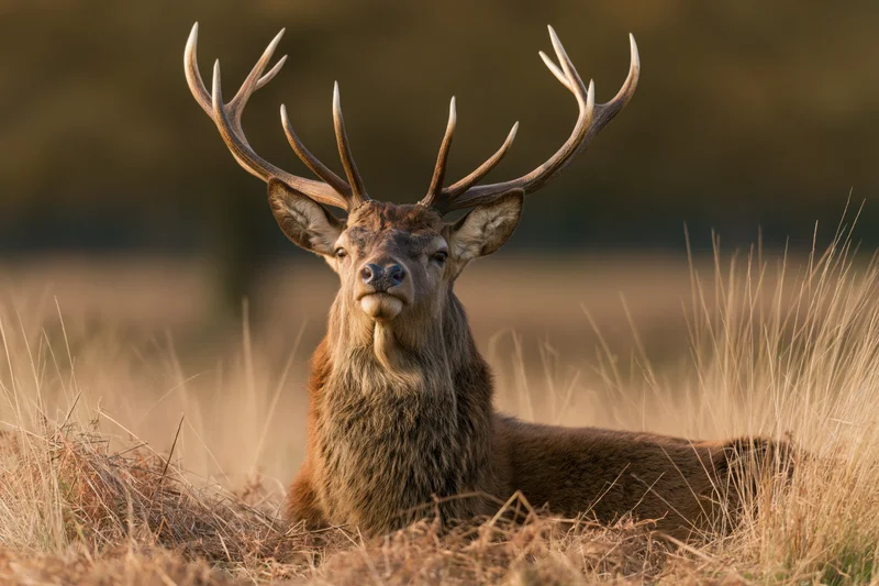 Mature red deer stag resting in tall dry grass with head raised in a field