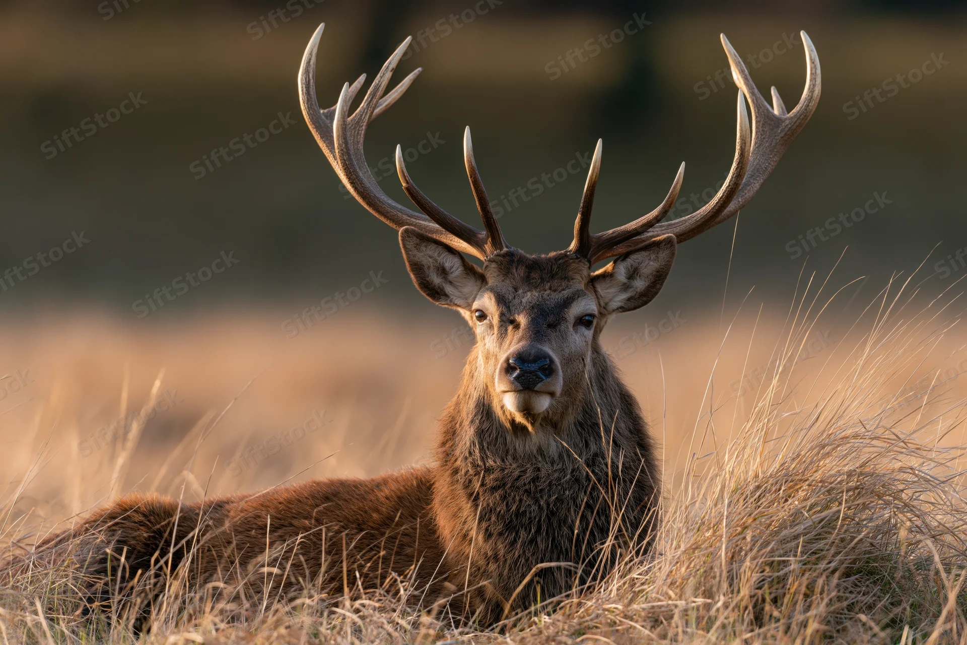 Mature red deer stag resting in tall dry grass with head raised