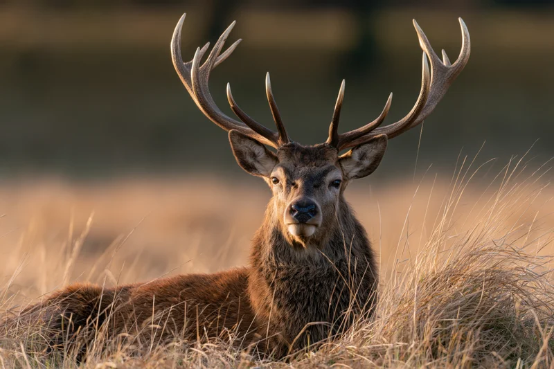 Mature red deer stag resting in tall dry grass with head raised