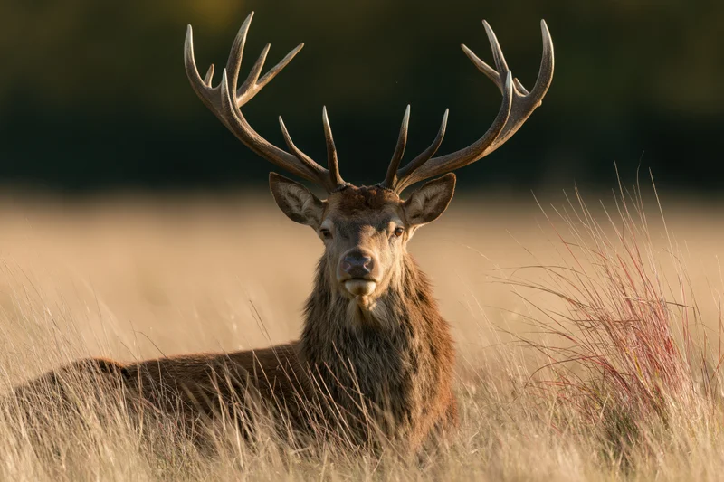 Mature red deer stag resting in tall dry grass with head raised