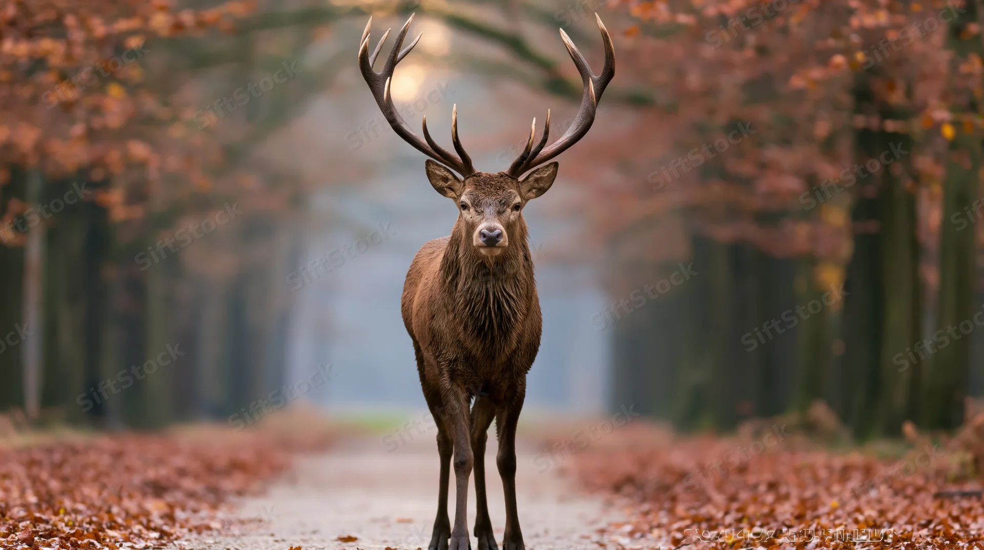 Mature red deer stag standing alert facing camera on forest path in autumn foliage