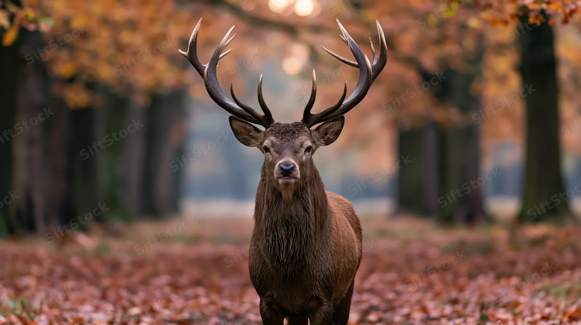 Mature red deer stag standing alert facing camera in autumn forest with fallen leaves on ground