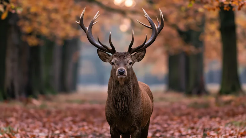 Mature red deer stag standing alert facing camera in autumn forest with fallen leaves on ground