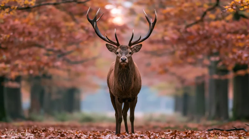 Mature red deer stag standing alert facing camera in autumn forest with fallen leaves on ground