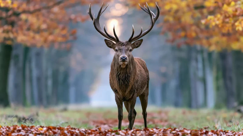 Mature red deer stag standing alert facing camera in autumn forest with fallen leaves and misty background