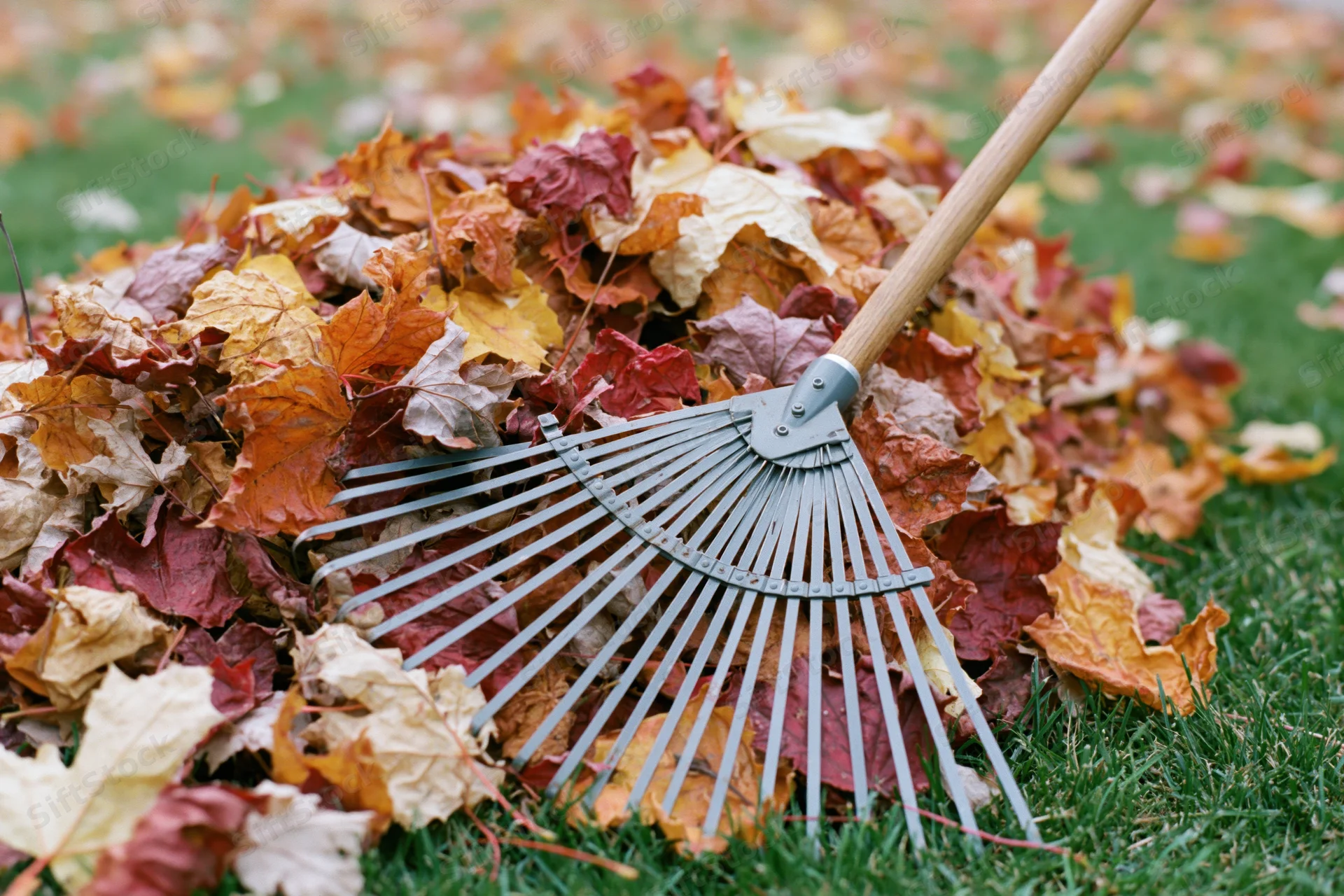 Metal fan rake resting against a pile of colorful autumn leaves on a green lawn