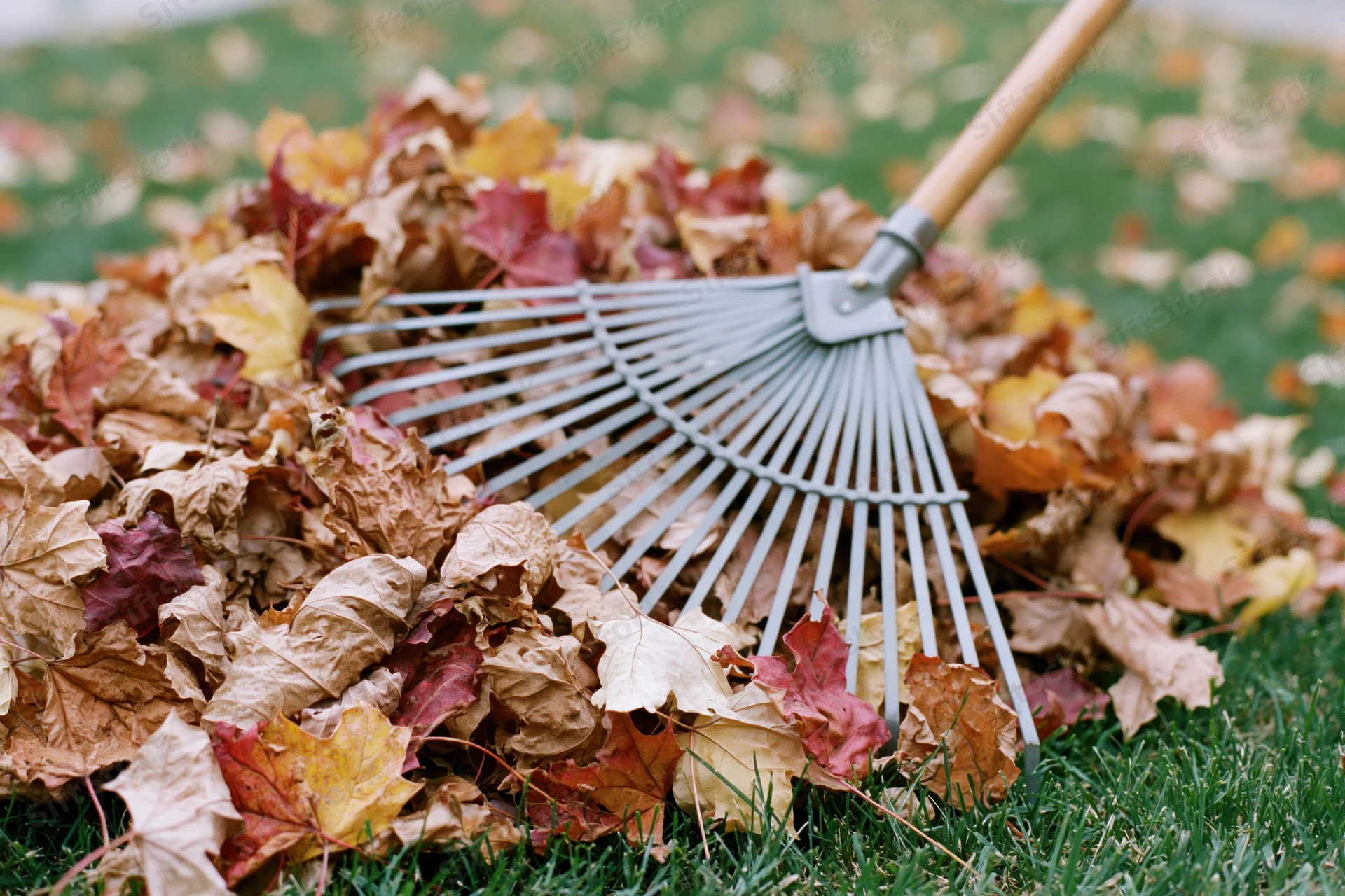 Metal fan rake resting against a large pile of fallen autumn leaves on a green lawn