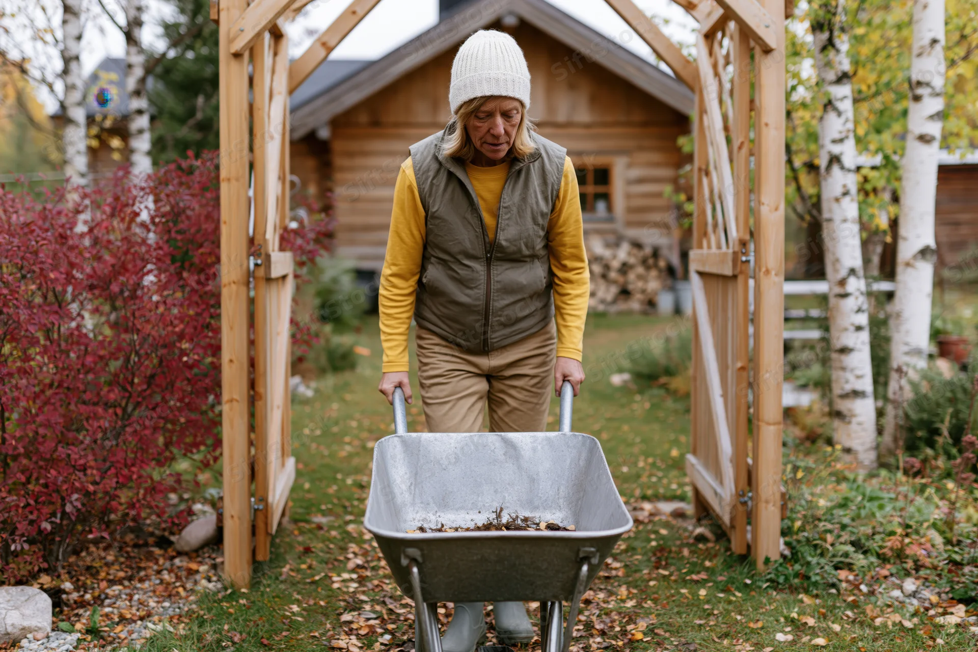 Middle-aged woman pushing metal wheelbarrow through garden gate in autumn yard