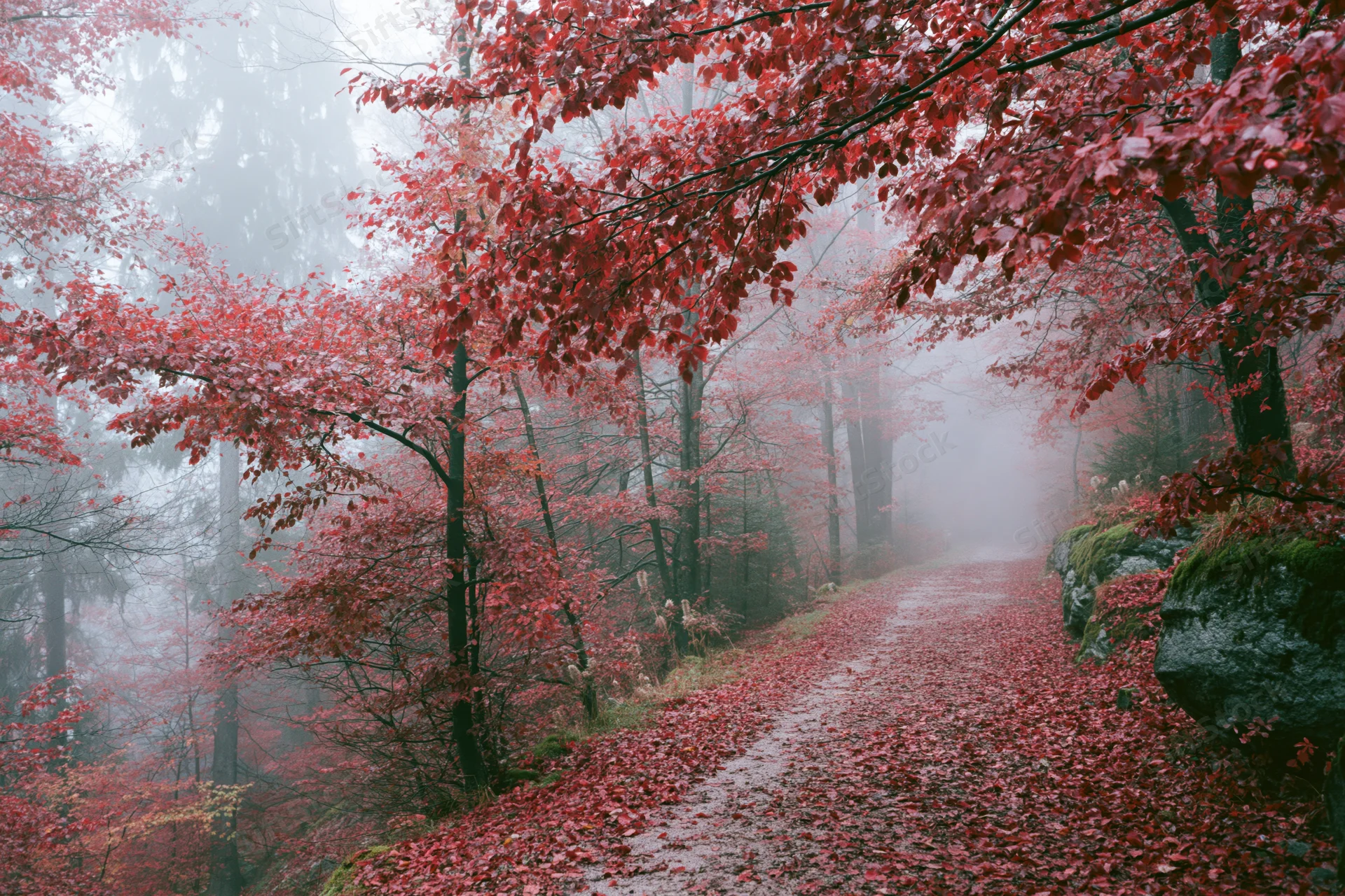Misty forest path lined with red-leafed trees in autumn, covered in fallen leaves and surrounded by fog