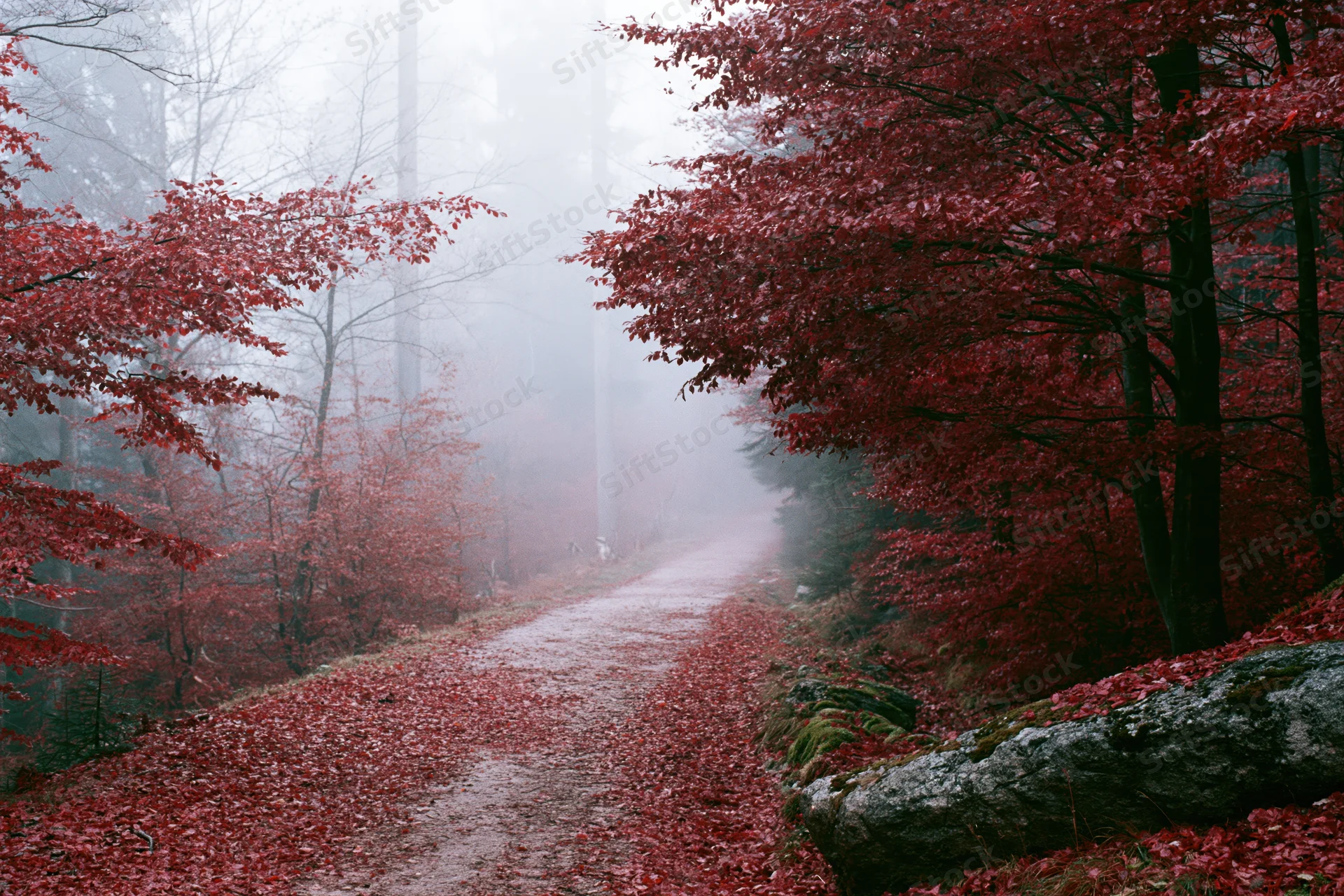 Misty forest path lined with red autumn foliage winding through dense trees