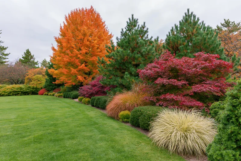 Mixed ornamental garden border in peak autumn with colorful trees and shrubs along a green lawn