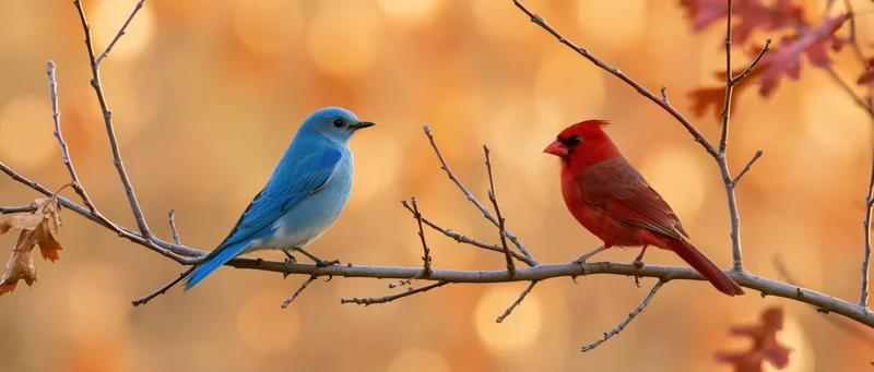 Mountain bluebird and male northern cardinal perched facing each other on a bare branch in autumn foliage