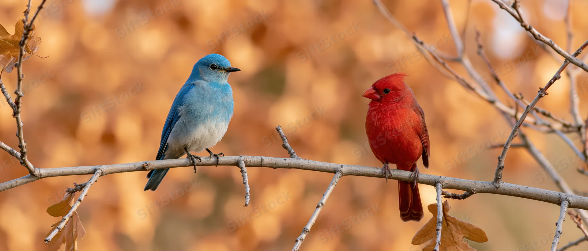 Mountain bluebird and male northern cardinal perched on a bare branch among autumn foliage