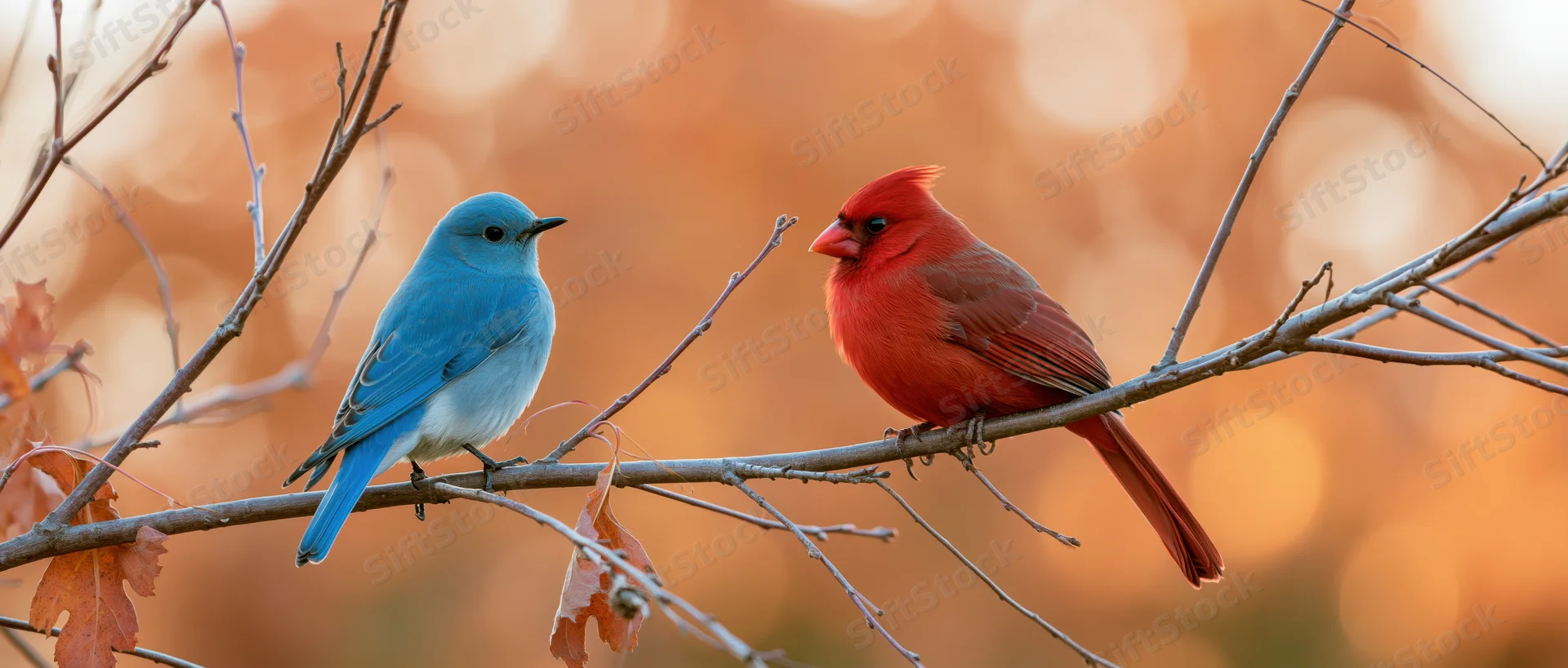 Mountain bluebird and male northern cardinal perched on a bare branch with autumn foliage and warm bokeh background