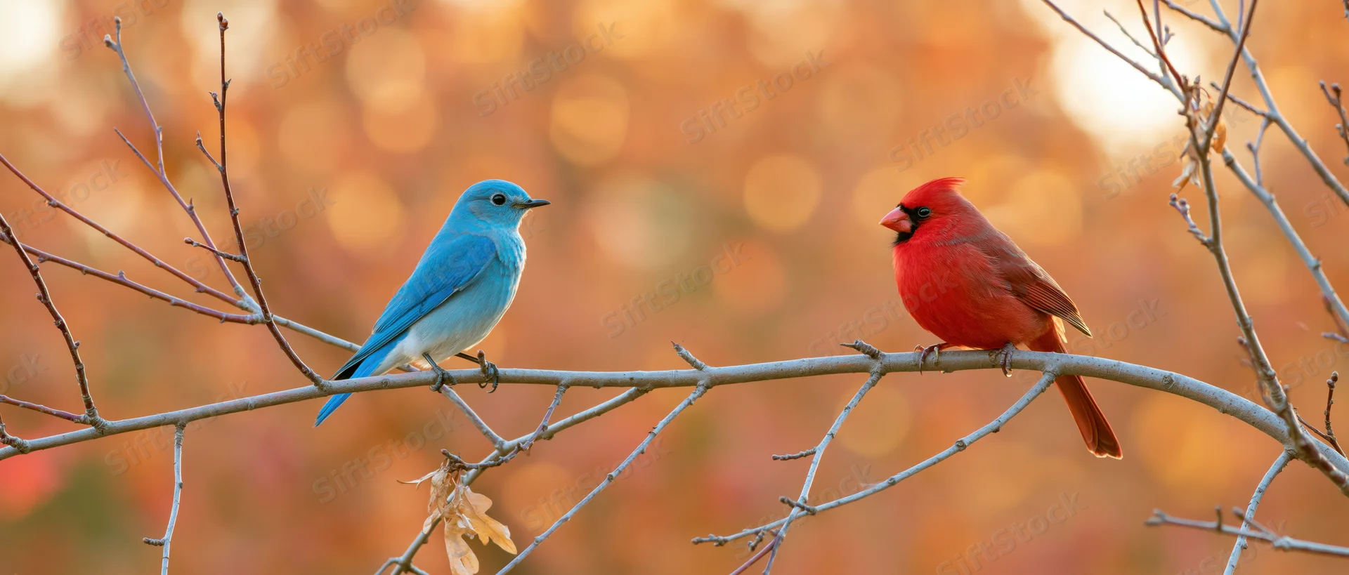 Mountain bluebird and male northern cardinal perched on a bare branch in autumn woodland
