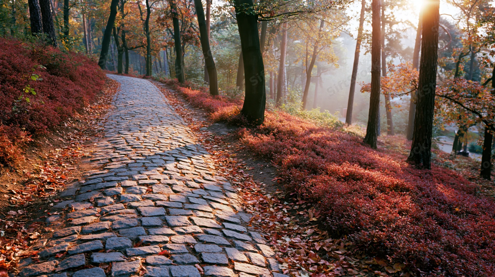 Cobblestone path winding through autumn forest with sunlight filtering through trees