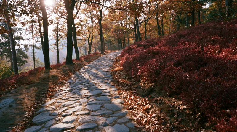 Narrow cobblestone path curves through a dense autumn forest