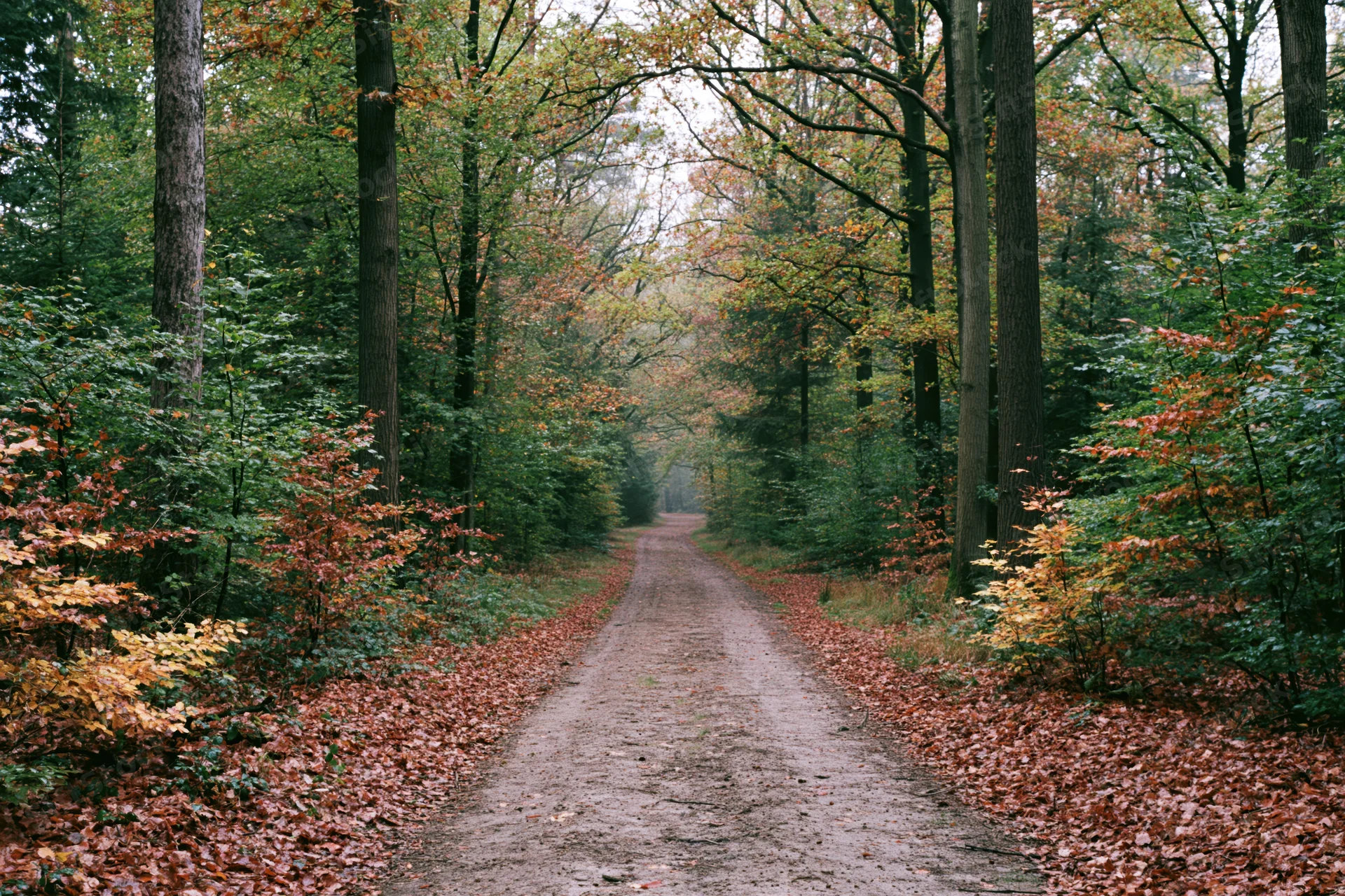 Narrow dirt path winding through dense autumn forest with fallen leaves and tall trees on either side