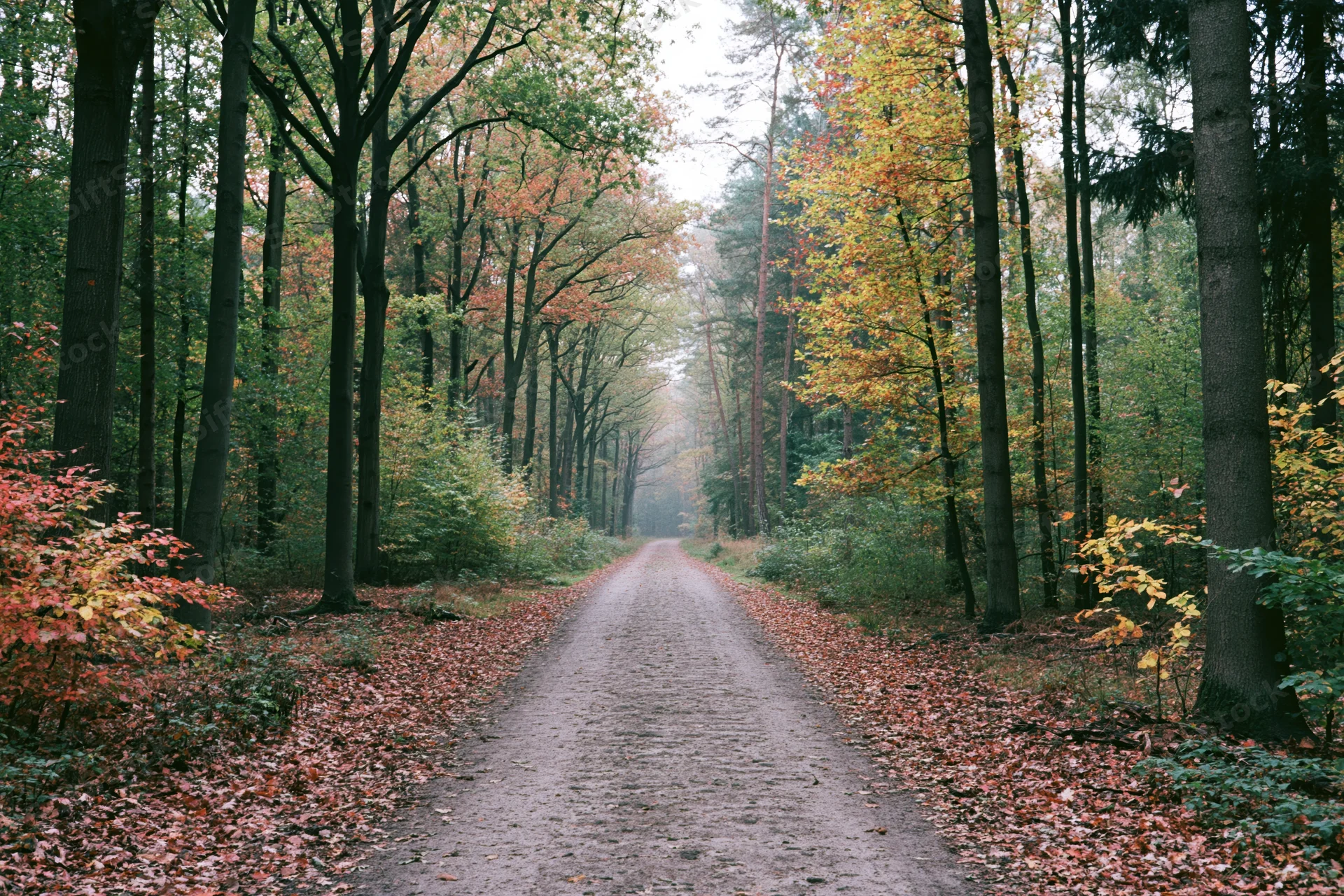 Narrow dirt path winding through dense autumn forest with colorful foliage and misty atmosphere