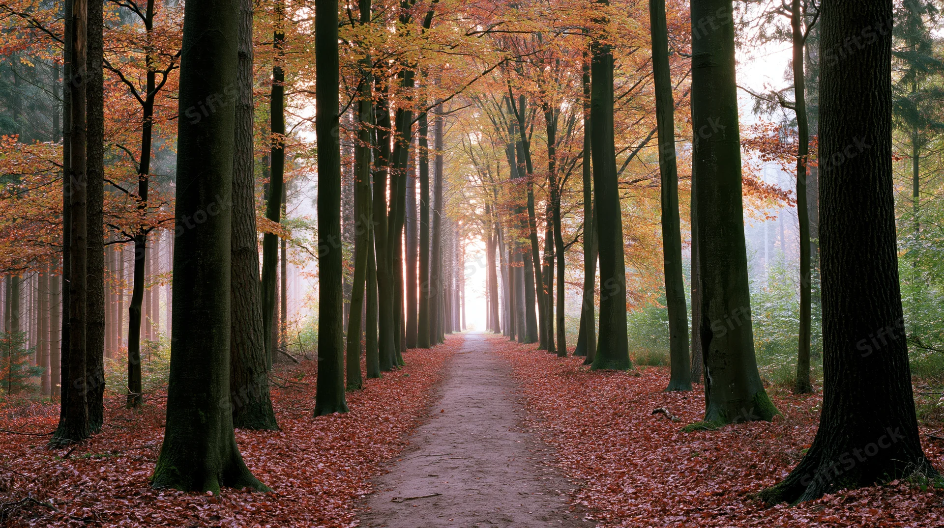 Narrow dirt path lined with tall trees in autumn forest, covered in fallen leaves, leading into misty light at horizon