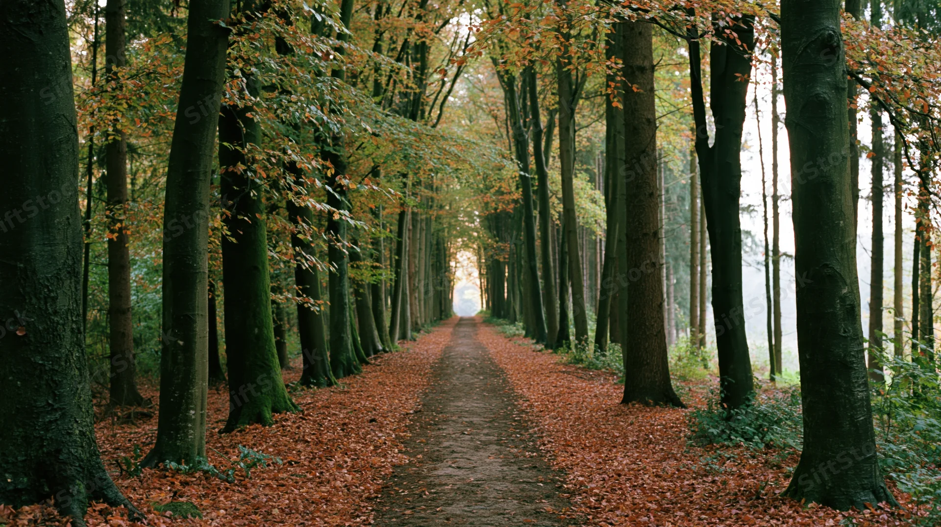 Narrow dirt path lined with tall trees and autumn leaves in a dense forest