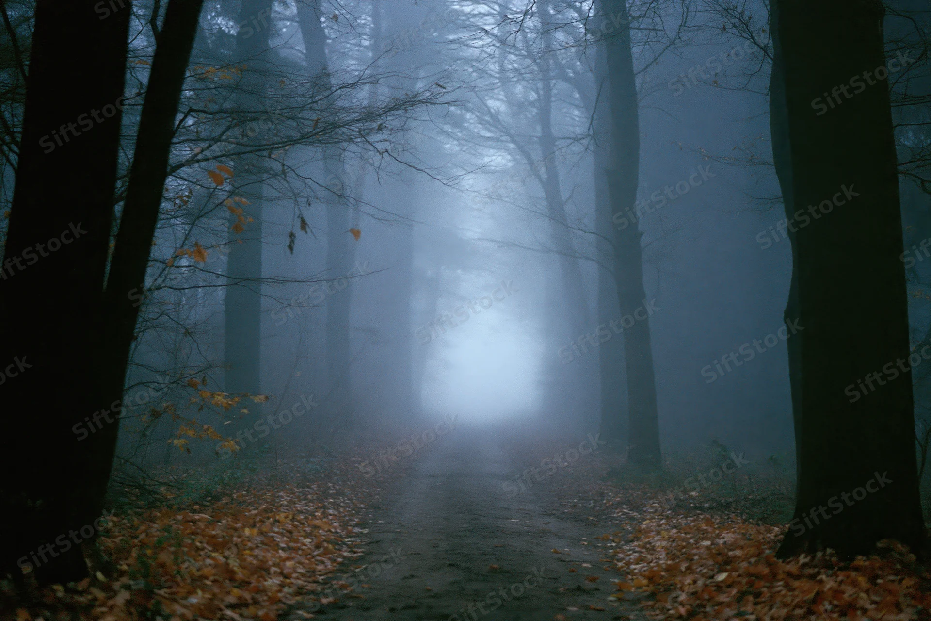 Narrow dirt path winding through foggy forest in autumn, lined with bare trees and fallen leaves