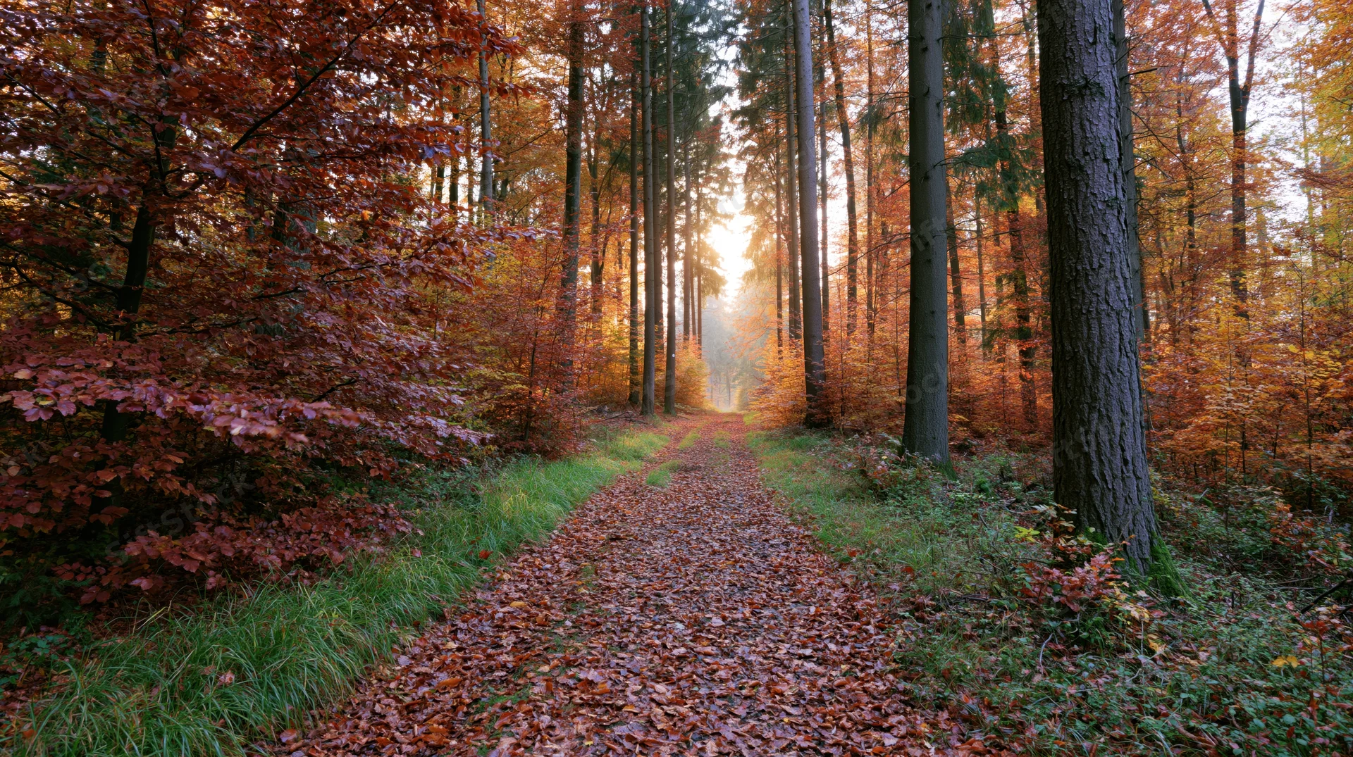 Narrow forest path covered in fallen leaves winding through tall trees with sunlight filtering through autumn foliage