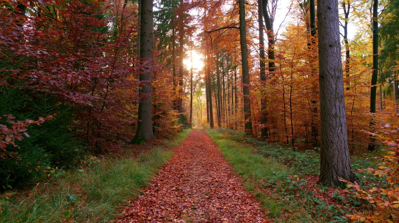 Narrow forest path covered in fallen leaves winding through trees with sunlight filtering through canopy
