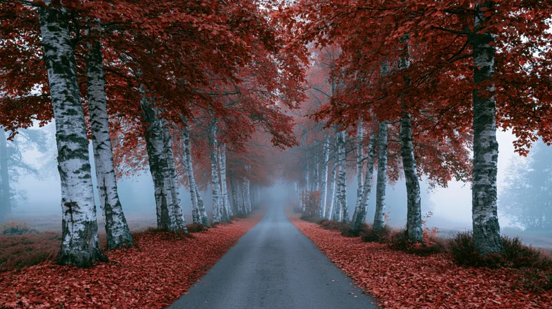Narrow forest path lined with birch trees and red autumn leaves receding into fog