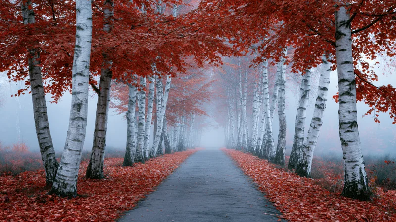 Narrow path lined with birch trees and red autumn leaves receding into foggy forest