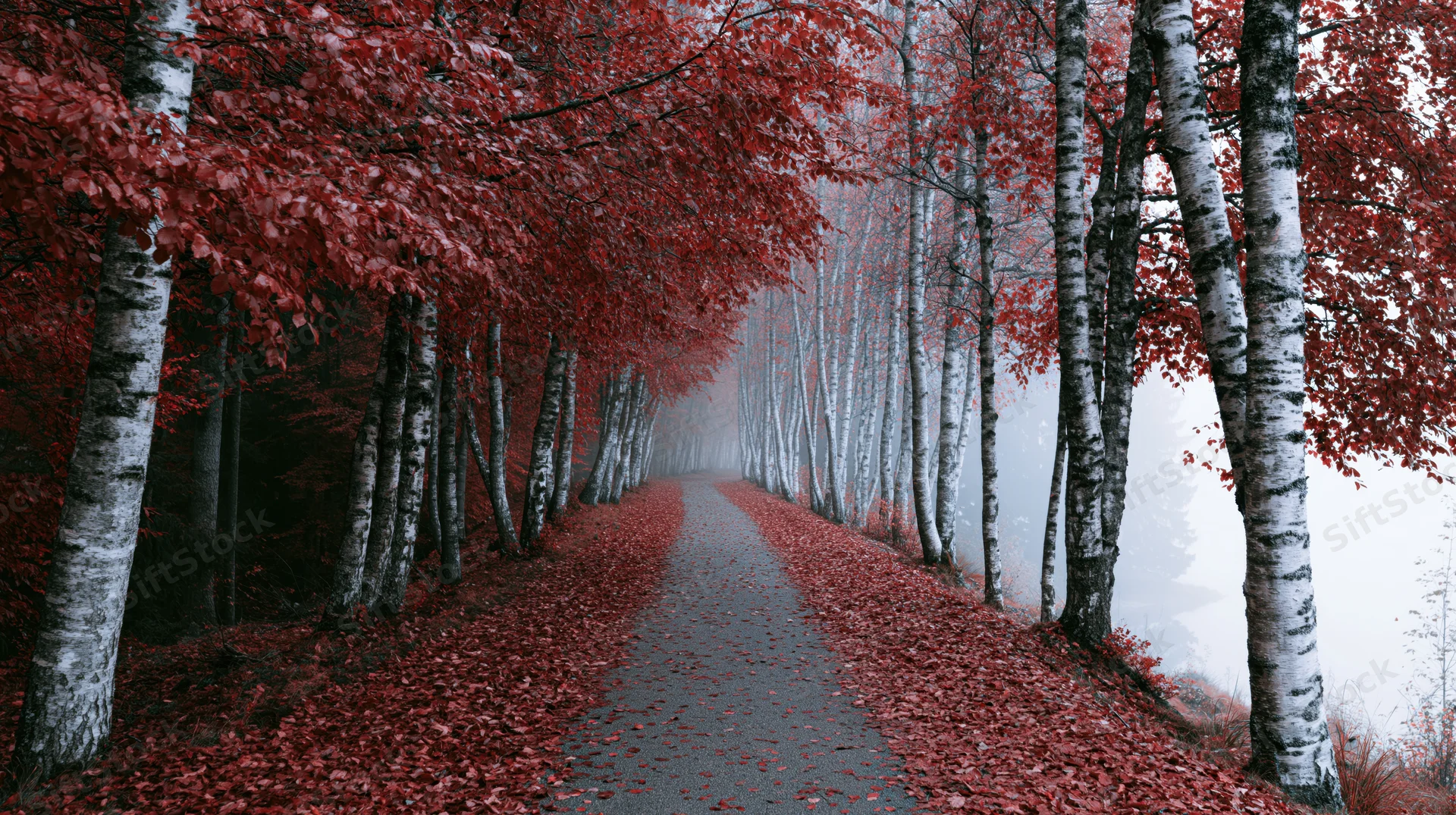 Narrow forest path lined with birch trees and red autumn leaves receding into mist