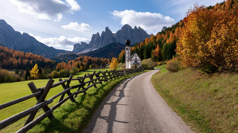 Winding gravel road through autumnal alpine valley with white church and wooden fence