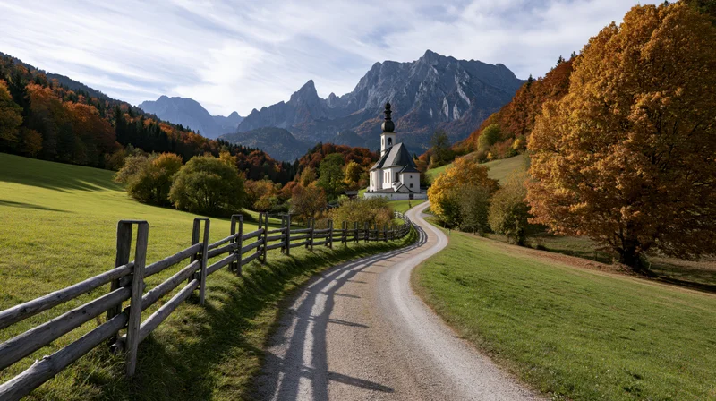 Winding gravel road leading to white alpine church surrounded by autumn trees and mountains