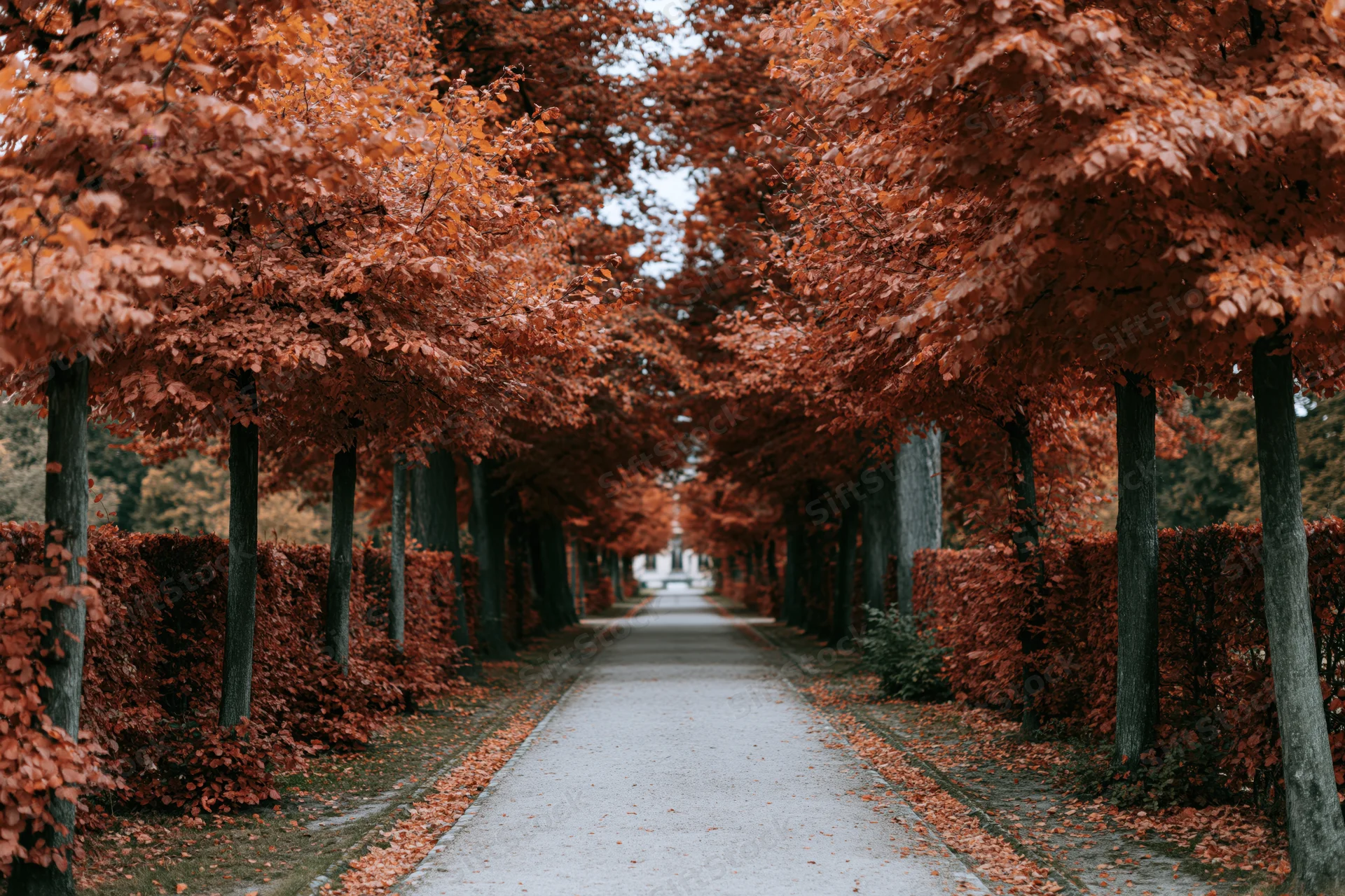 Narrow park pathway lined with autumn trees receding into the distance