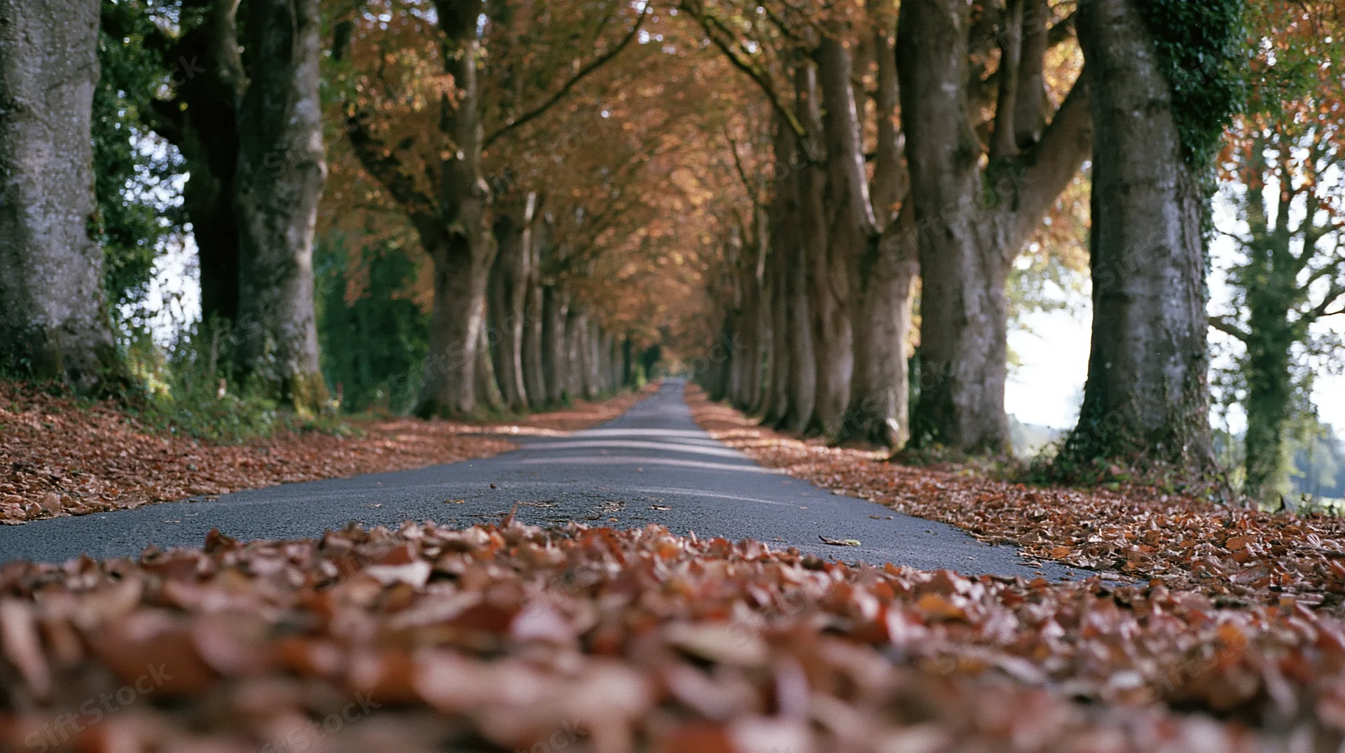 Narrow paved country lane lined with mature trees in autumn, covered in fallen leaves, leading into the distance