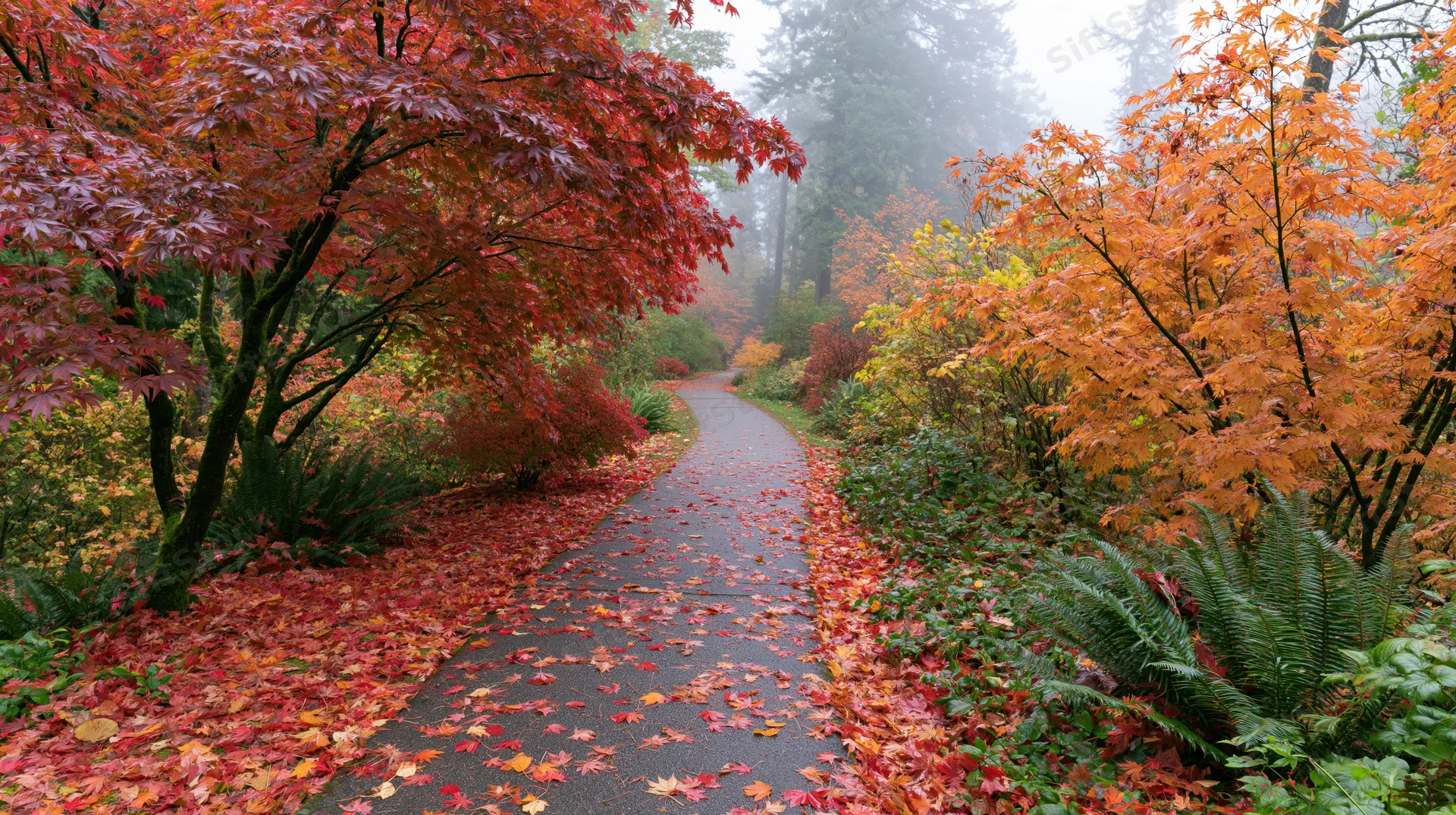 Winding paved path through autumn-colored trees and ferns in a misty forest garden