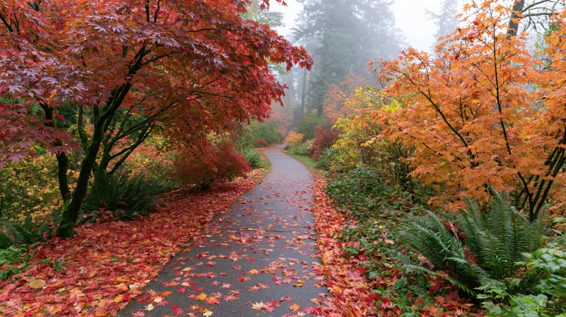 Winding paved path through autumn-colored trees and ferns in a misty forest garden