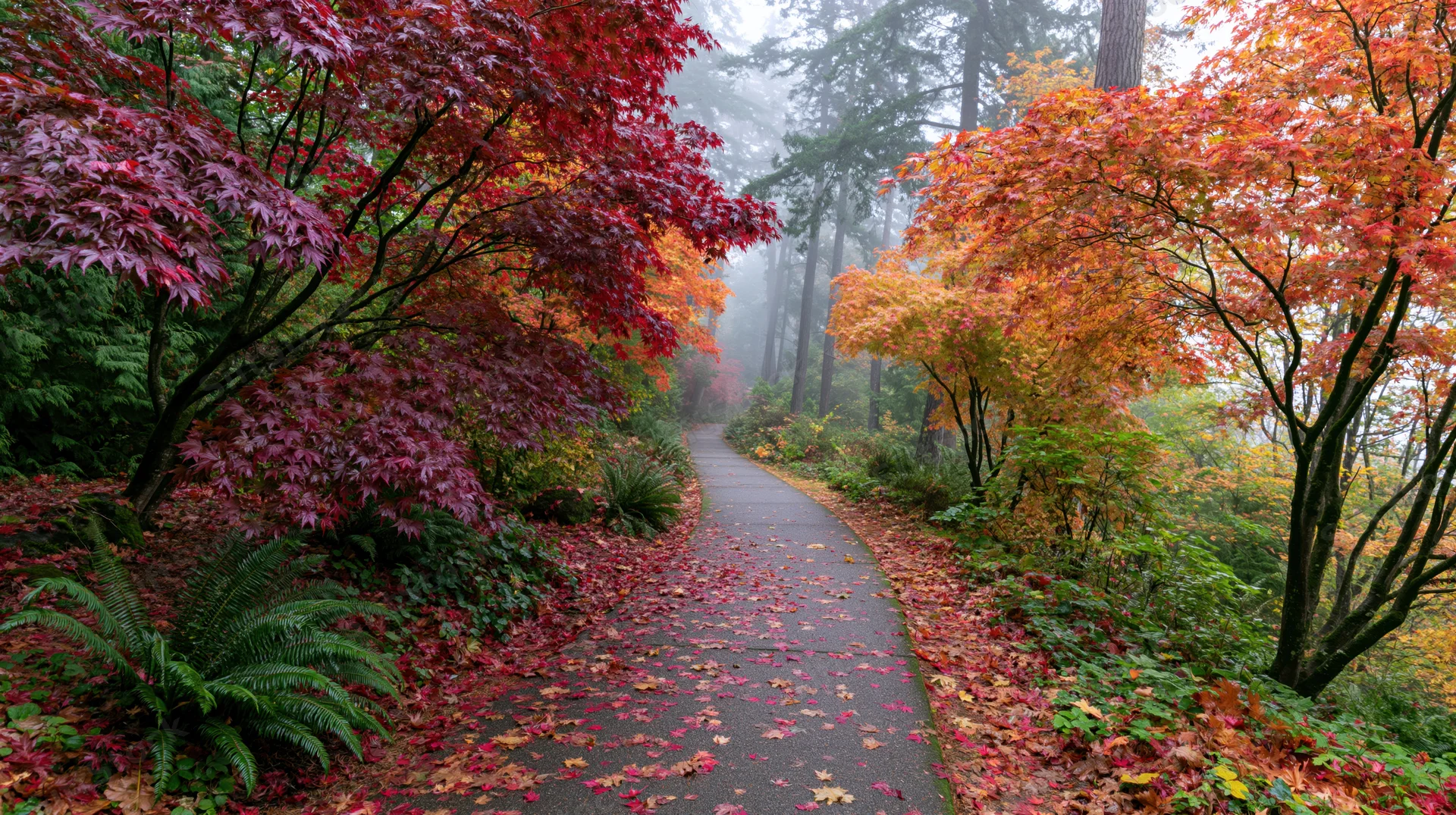 Winding paved path through autumn forest with colorful maple trees and ferns under misty overcast sky