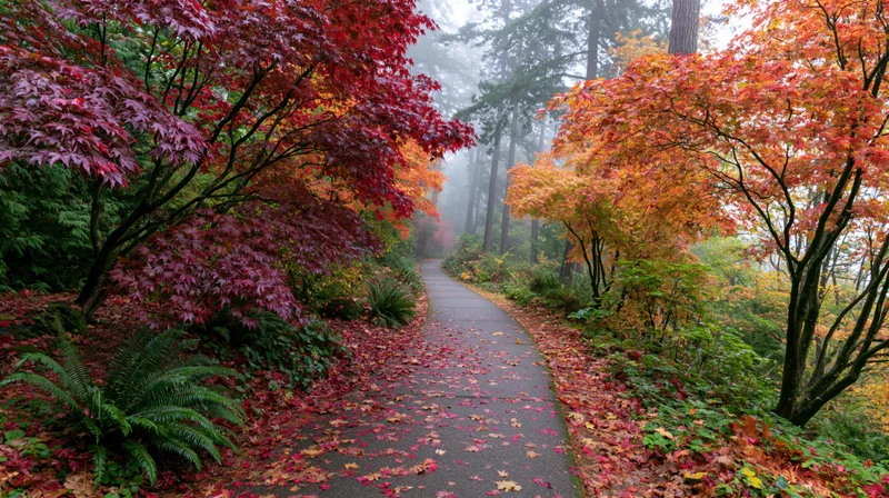 Winding paved path through autumn forest with colorful maple trees and ferns under misty overcast sky