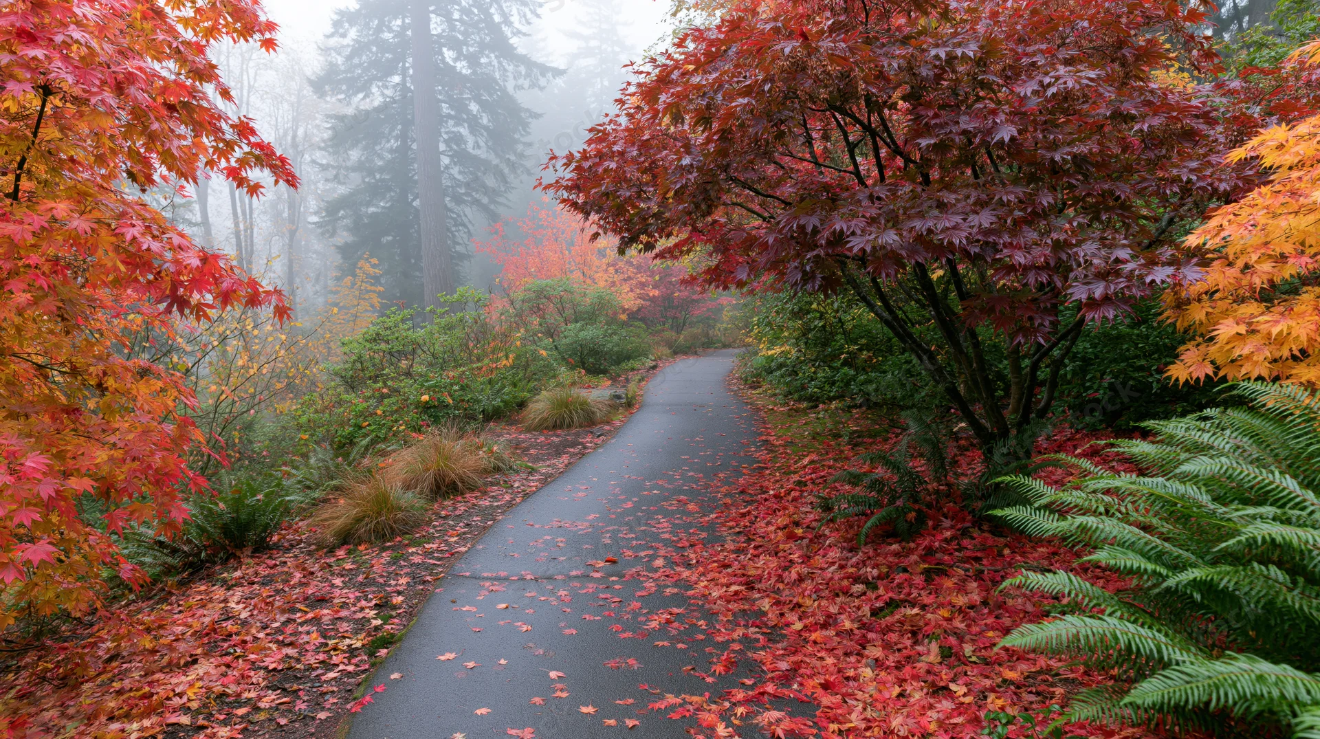 Narrow paved path winding through autumn forest with colorful maple trees and ferns under misty overcast sky